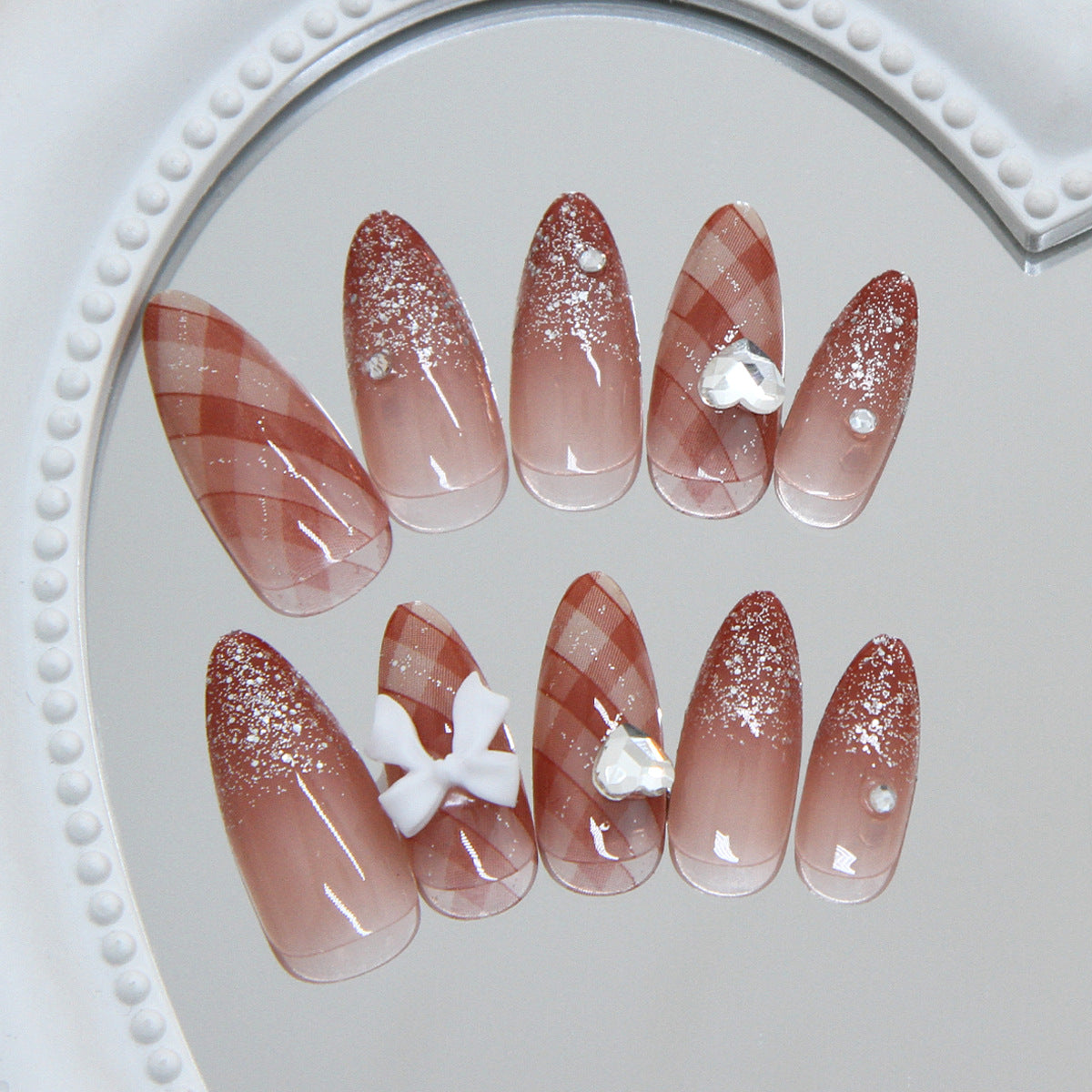 Chic Blush Ombre Medium Almond Press On Nail Set with Glitter and Decorative Accents
