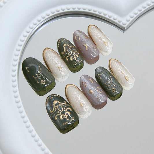 Celestial Charm Medium Oval Green and Gold Accented Press On Nail Set