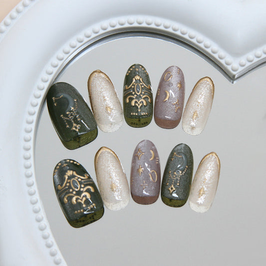 Celestial Elegance Medium Oval Forest Green with Gold Foil Detailing Press on Nail Set