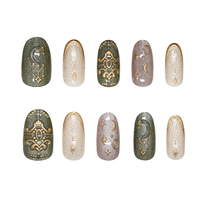 Celestial Dreams Medium Oval Green and Gold Glitter Nail Set