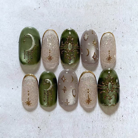 Celestial Dream Medium Oval Green and Glittering Gem Accents Press on Nail Set
