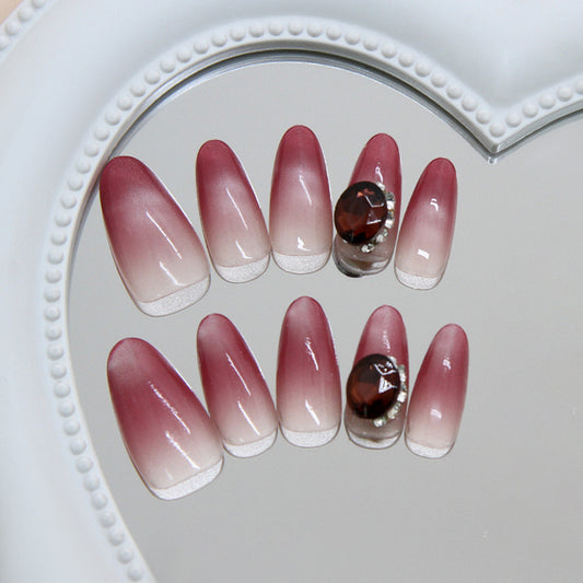 Enchanted Twilight Medium Almond Wine Ombre Press On Nail Set with Stunning Gem Accent