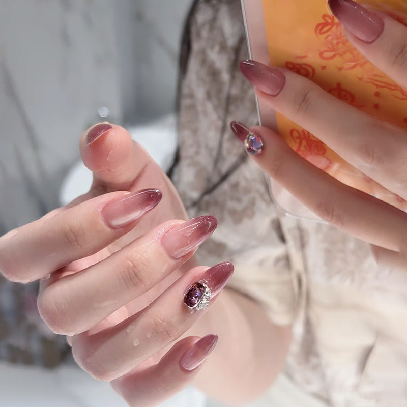 Whimsical Glamour Medium Almond Ombre Press On Nail Set with Glittering Gemstone Accent