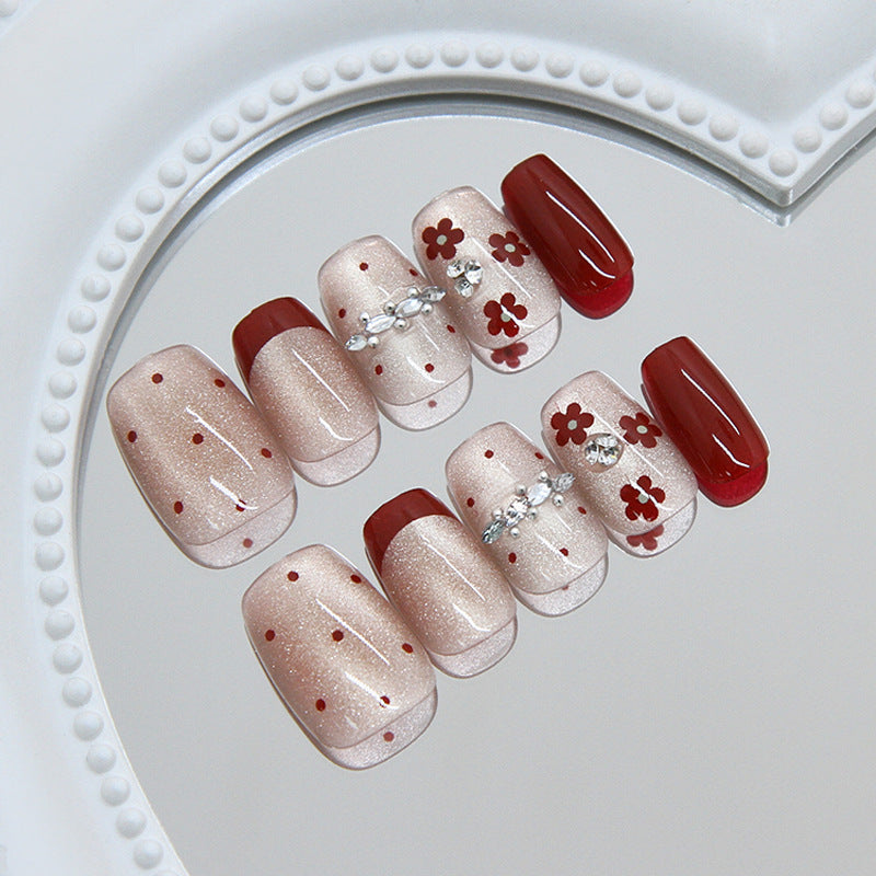 Chic Floral Elegance Medium Square Blush with Sparkling Accents Nail Set