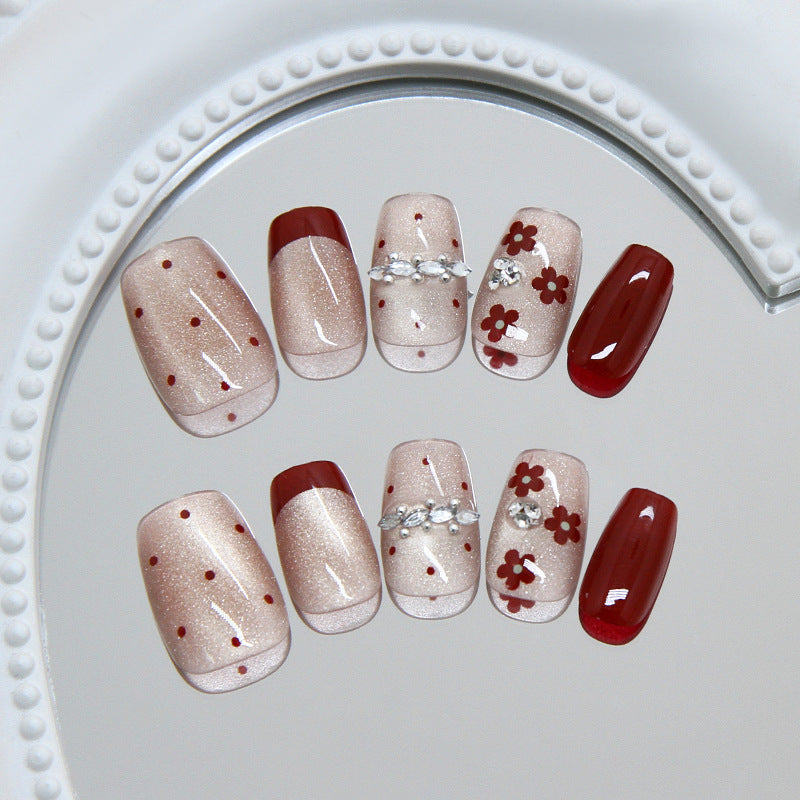 Chic Floral Glamour Medium Square Neutral with Sparkling Accents Press On Nail Set