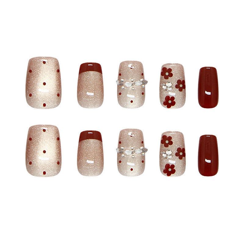 Chic Floral Vibes Medium Square Glittery Beige and Red Press On Nail Set