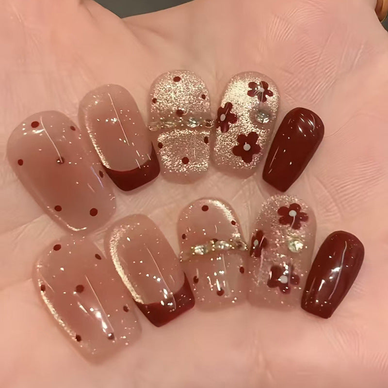 Chic Floral Medium Square Burgundy and Pink Glitter Nail Set