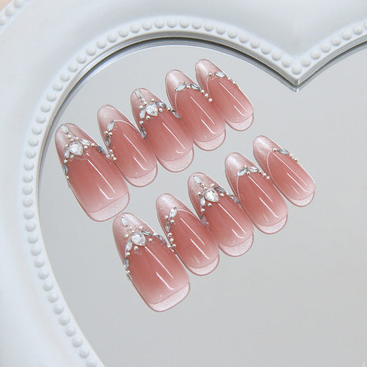 Romantic Elegance Long Almond Blush Pink Press-On Nail Set with Sparkling Gem Accents