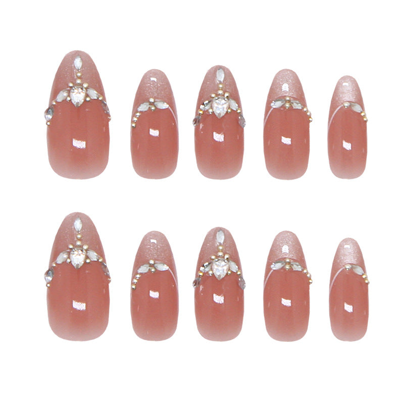 Glamorous Elegance Medium Almond Beige Press On Nail Set with Sparkling Accent Details
