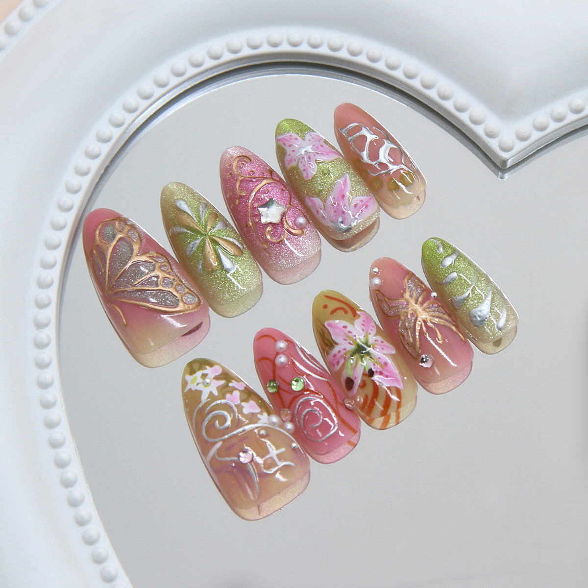 Garden Blossom Long Almond Pink with Glittering Floral Art Press On Nail Set
