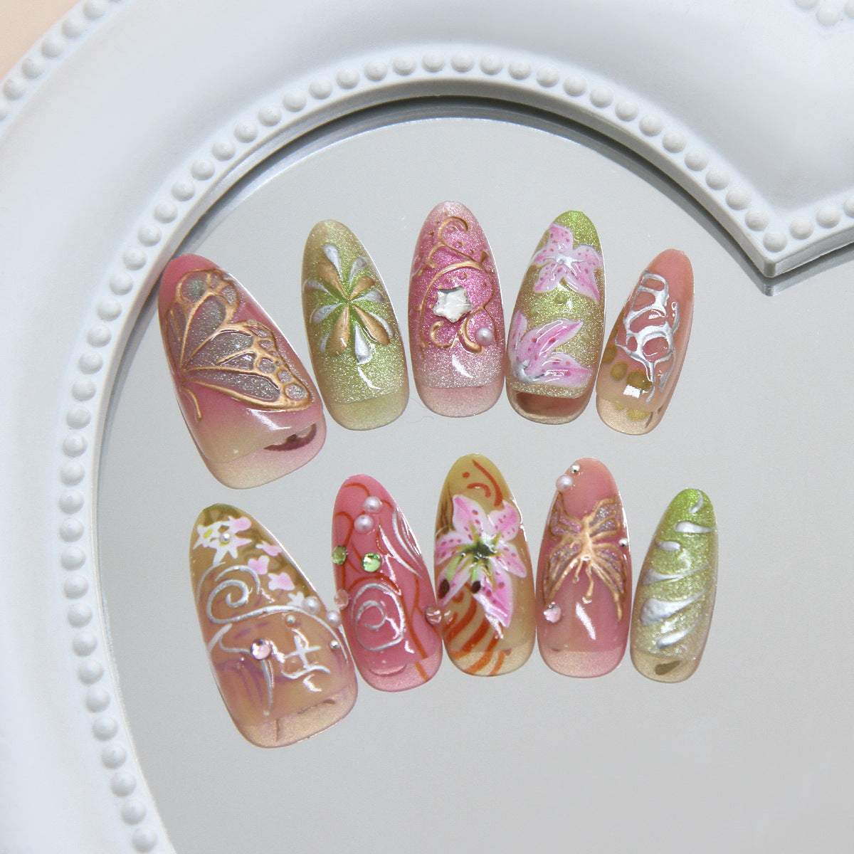 Whimsical Garden Long Almond Pastel Glitter Floral Press On Nail Set