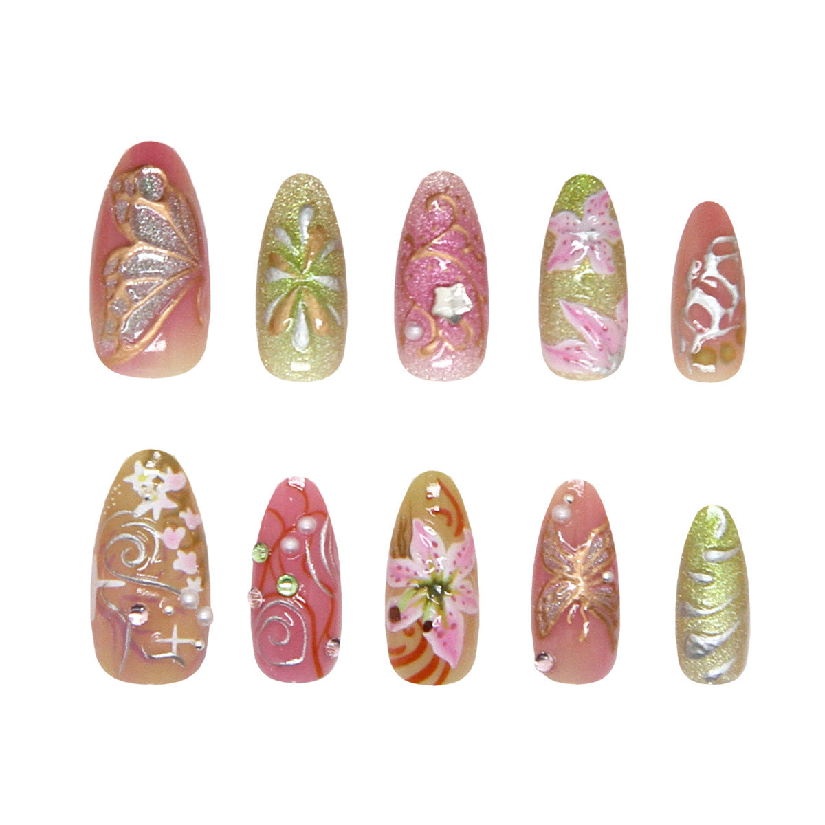 Floral Fantasy Long Almond Pink with Glitter and Floral Designs Press-On Nail Set