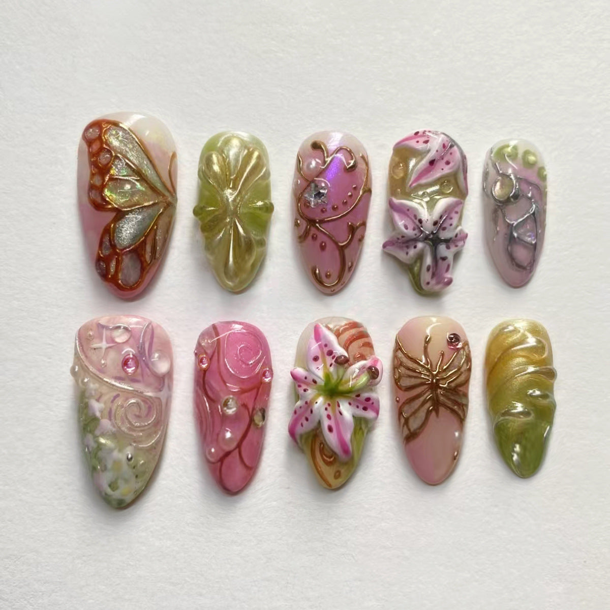 Enchanted Garden Long Almond Pink Floral Artisan Nail Set