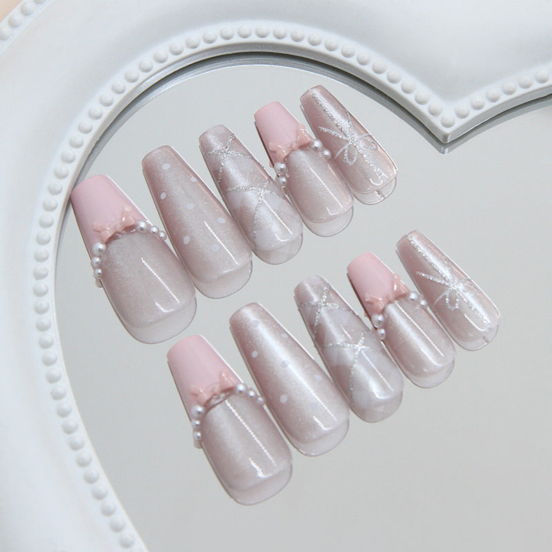 Whimsical Charm Long Coffin Pink with Pearl Bow Detail Press-On Nail Set