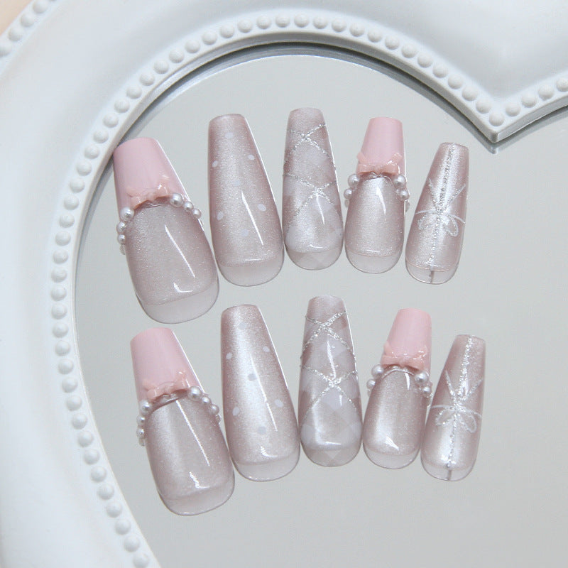 Elegant Rose Quartz Long Coffin Blush Pink Press On Nail Set with Pearl Accents