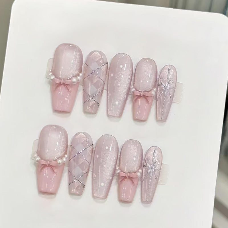 Dreamy Pastel Long Coffin Press on Nail Set with Elegant Bow and Pearl Accents