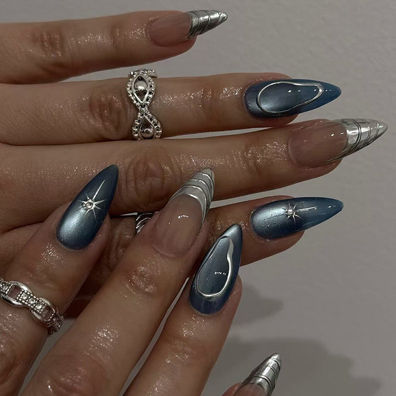 Celestial Dream Medium Almond Blue with Metallic Tips Nail Press Set