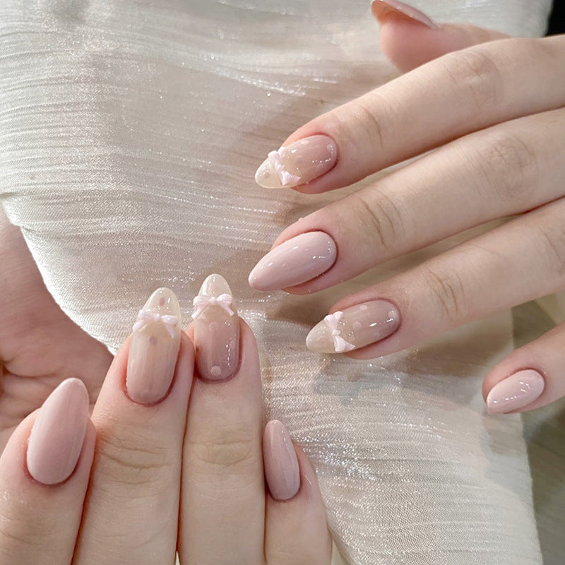 Chic Elegance Long Almond Soft Pink with Delicate Bow Accent Press on Nail Set