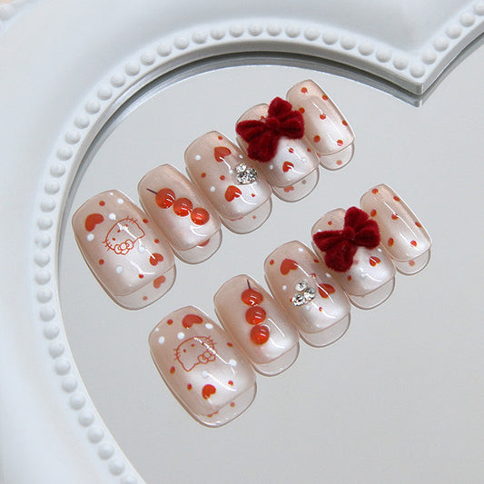 Cute Heartfelt Short Square Blush Nails with Velvet Bow and Hearts Design
