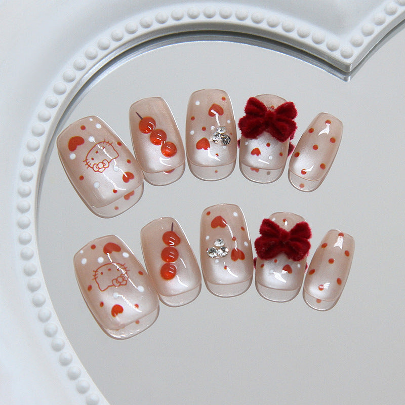 Sweet Hearts Short Square Rose-Tinted with Charming Bow Details Press on Nail Set