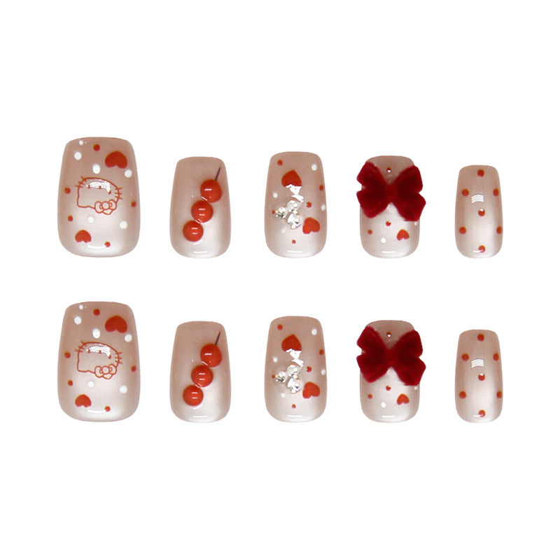 Charming Heart Theme Short Square Pink with Adorable Bow and Cherry Accents Press On Nail Set