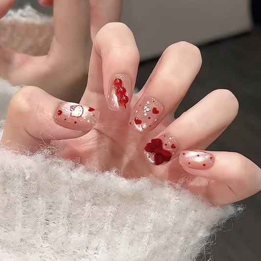 Romantic Short Square Red Heart Embellishment Press On Nail Set
