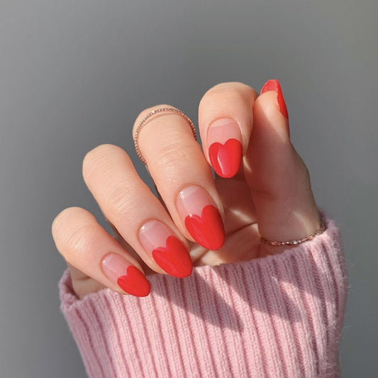 Romantic Affair Long Oval Red Press On Nails with Love Heart Accents