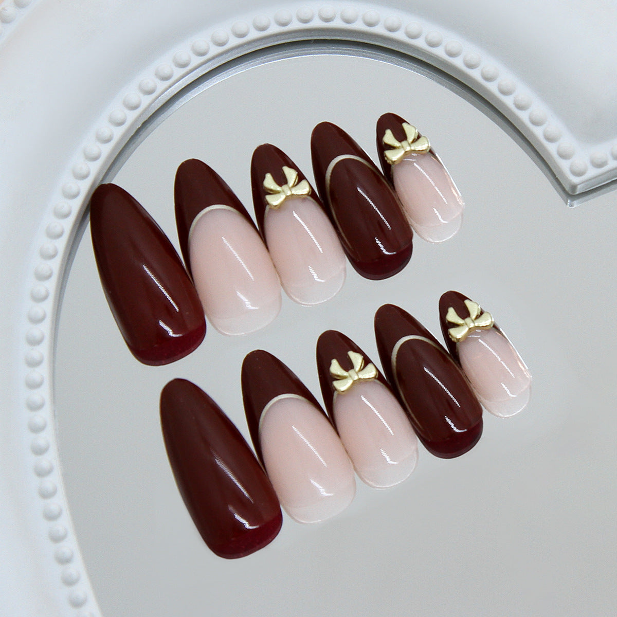 Elegant Romance Medium Almond Dark Red with Golden Accent Press on Nail Set