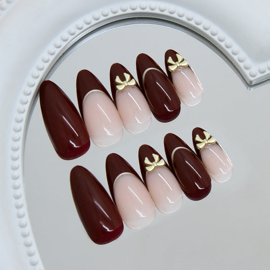 Elegant Romance Medium Almond Dark Red with Golden Accent Press on Nail Set