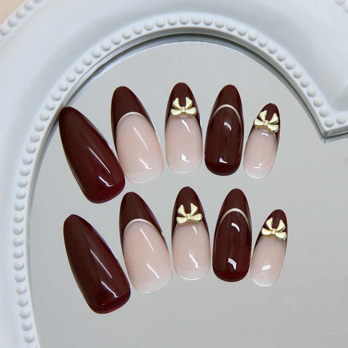 Chic Elegance Medium Almond Dark Burgundy with Gold Accent Nail Set