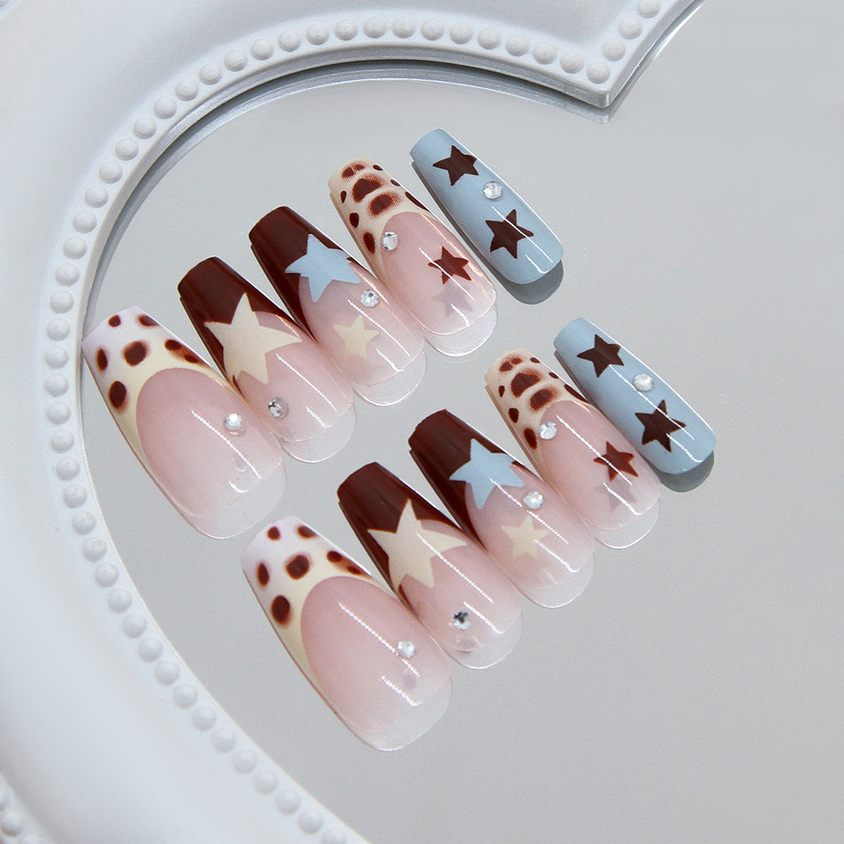 Whimsical Starry Night Long Coffin Brown and Blue Design with Rhinestones