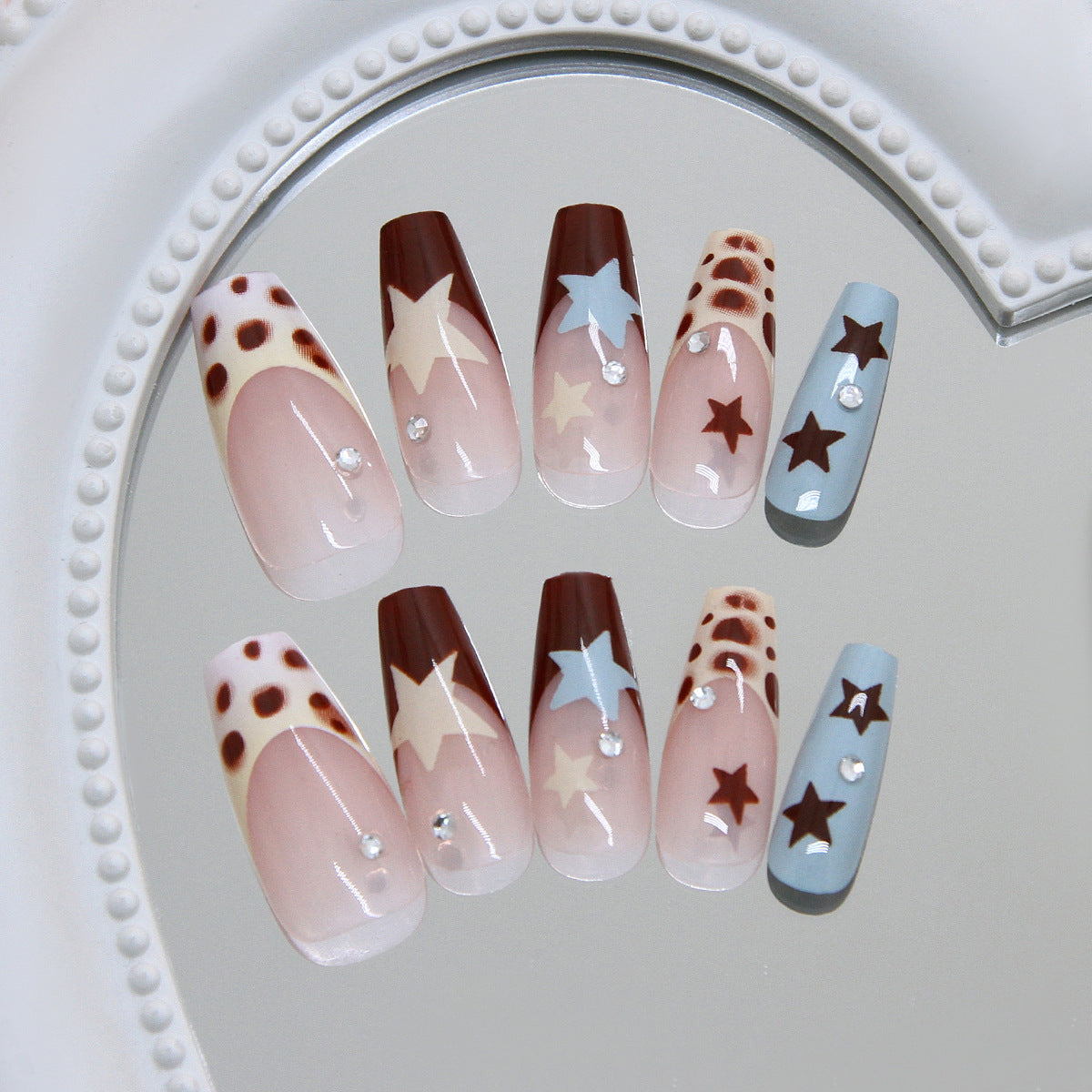 Starry Night Long Coffin Brown and Blue Glitter Accent Press On Nail Set