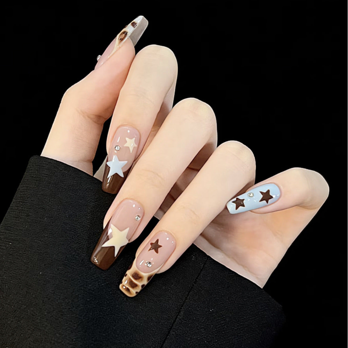 Chocolate Starry Long Coffin Press On Nail Set with Dazzling Gem Accents
