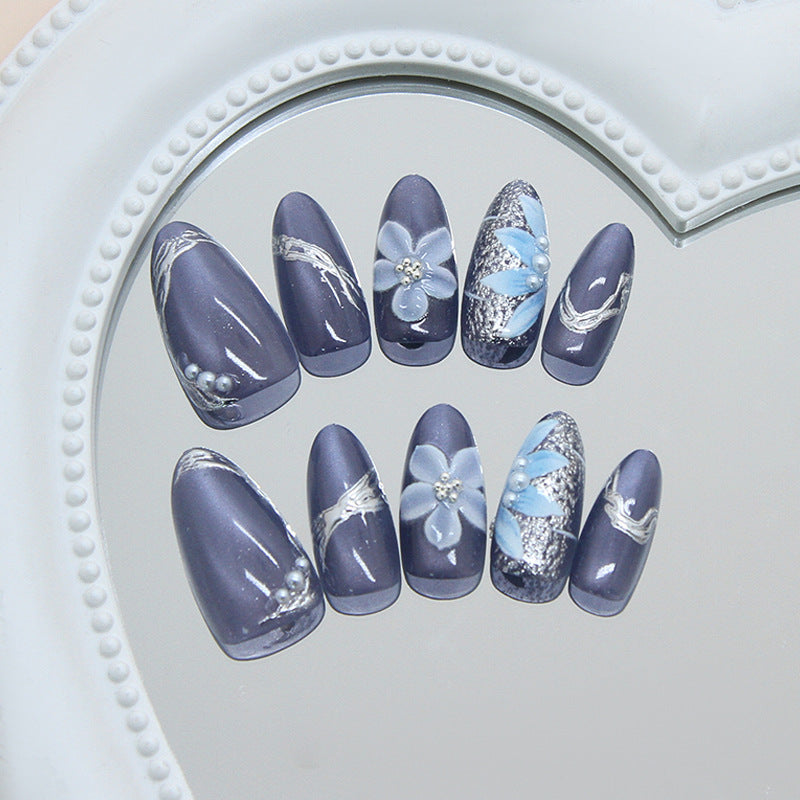 Elegantly Floral Long Almond Purple Nail Set with Three Dimensional Flower Accents