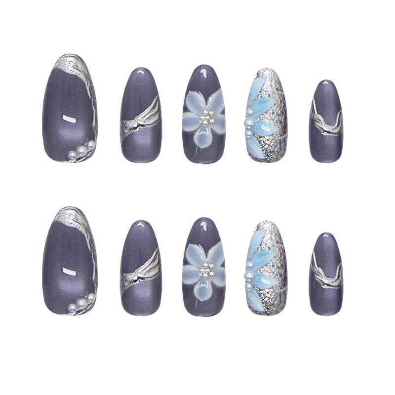 Enchanting Elegance Medium Almond Gray with Floral Accents Press On Nail Set