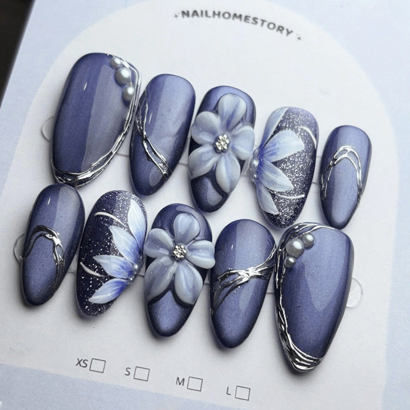 Elegant Floral Glamour Long Almond Violet with Delicate Metallic Accents Press On Nail Set