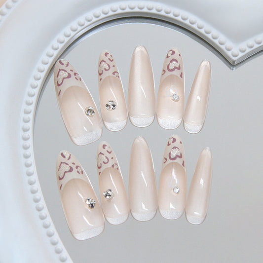 Chic Leopard Print Long Almond Beige Press On Nail Set with Rhinestone Accents