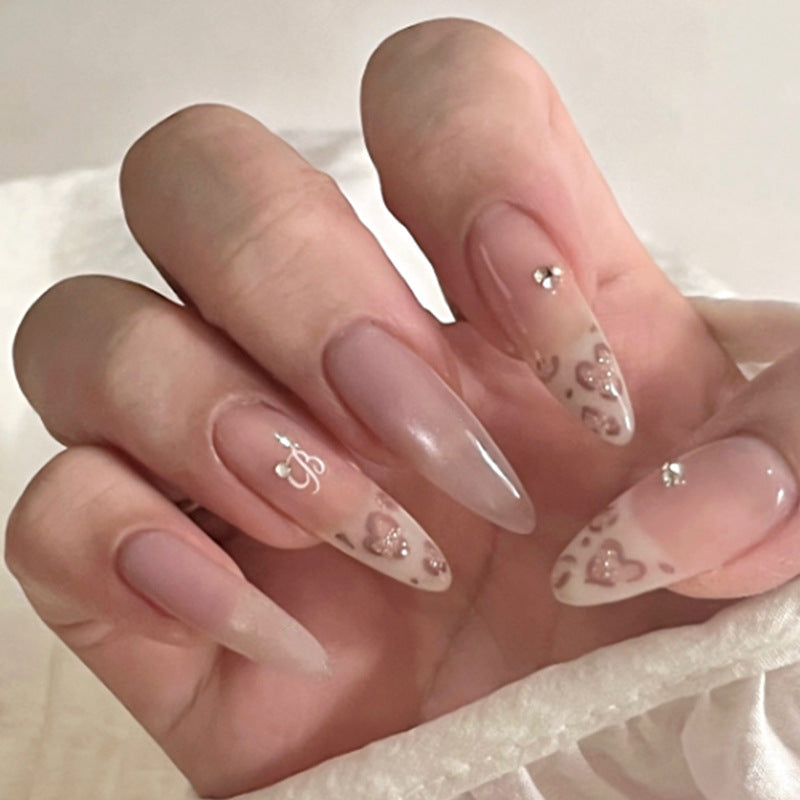 Romantic Elegance Long Almond Pink Ombre with Heart and Gem Detail Press On Nail Set