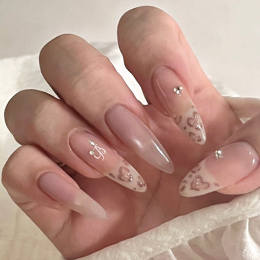 Romantic Elegance Long Almond Pink Ombre with Heart and Gem Detail Press On Nail Set