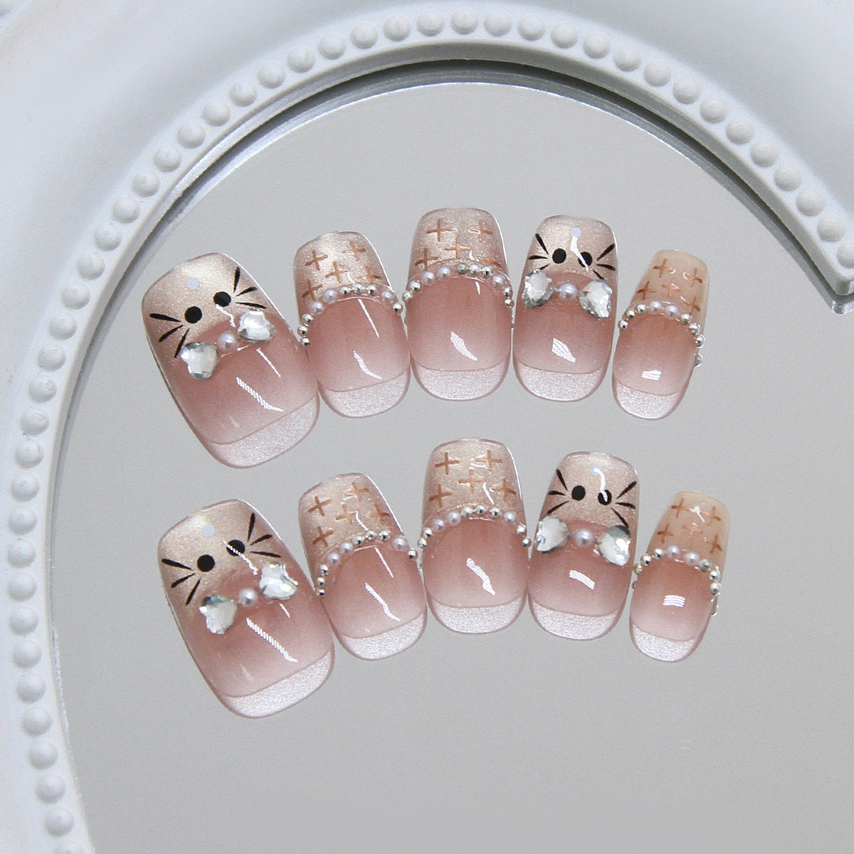 Charming Cat Themed Short Square Pink Press on Nail Set with Pearl Accents