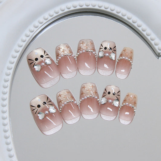Charming Cat Themed Short Square Pink Press on Nail Set with Pearl Accents