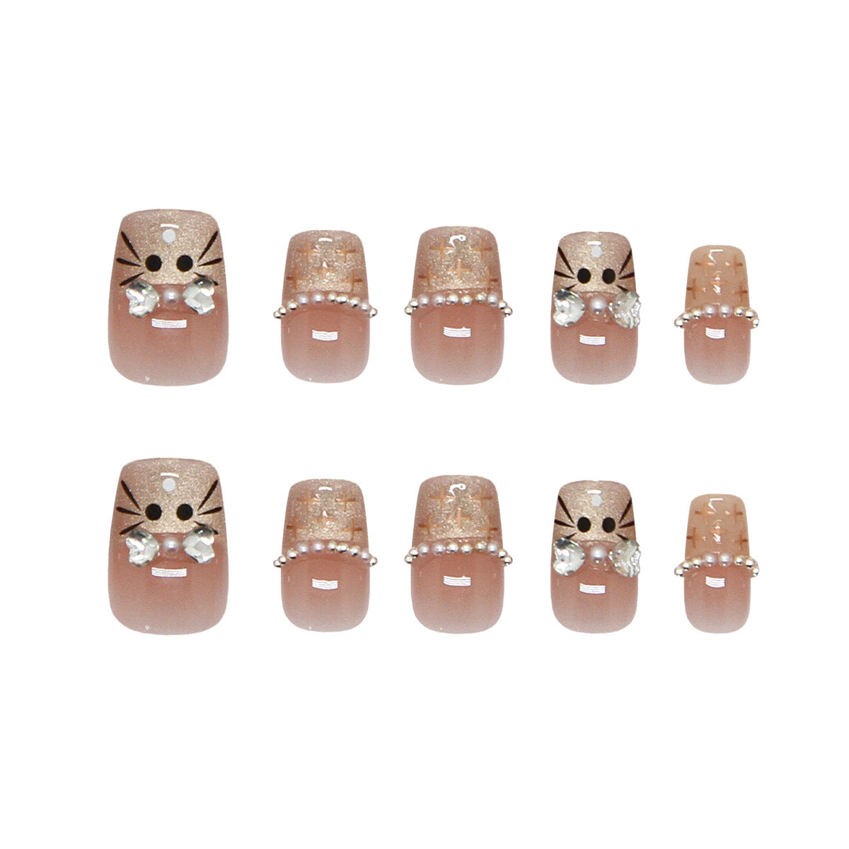 Whimsical Cat Themed Short Square Pink Press On Nail Set with Sparkling Gems