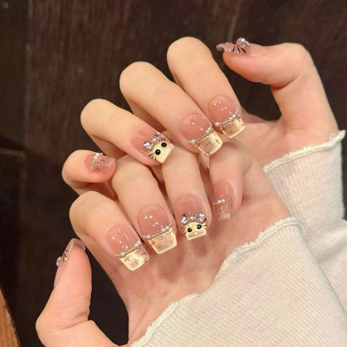 Charming Animal Theme Short Square Beige Press On Nail Set with Glittering Accents