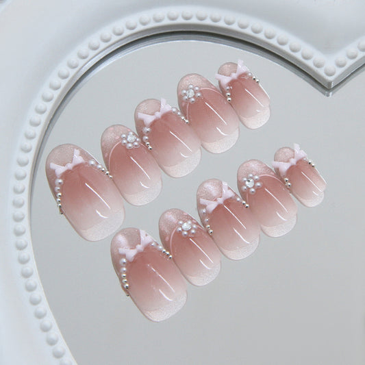 Elegant Floral Dreams Short Oval Pink Ombre with Bow and Pearl Accents Press On Nail Set