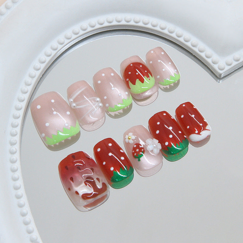Whimsical Strawberry Short Square Press On Nail Set with Unique Floral Design