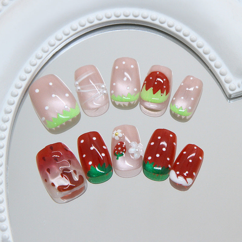 Whimsical Garden Short Square Red with Strawberry Design Press On Nail Set