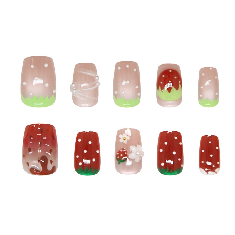 Sweet Strawberry Delight Short Square Red with Whimsical Floral Accents Press On Nail Set