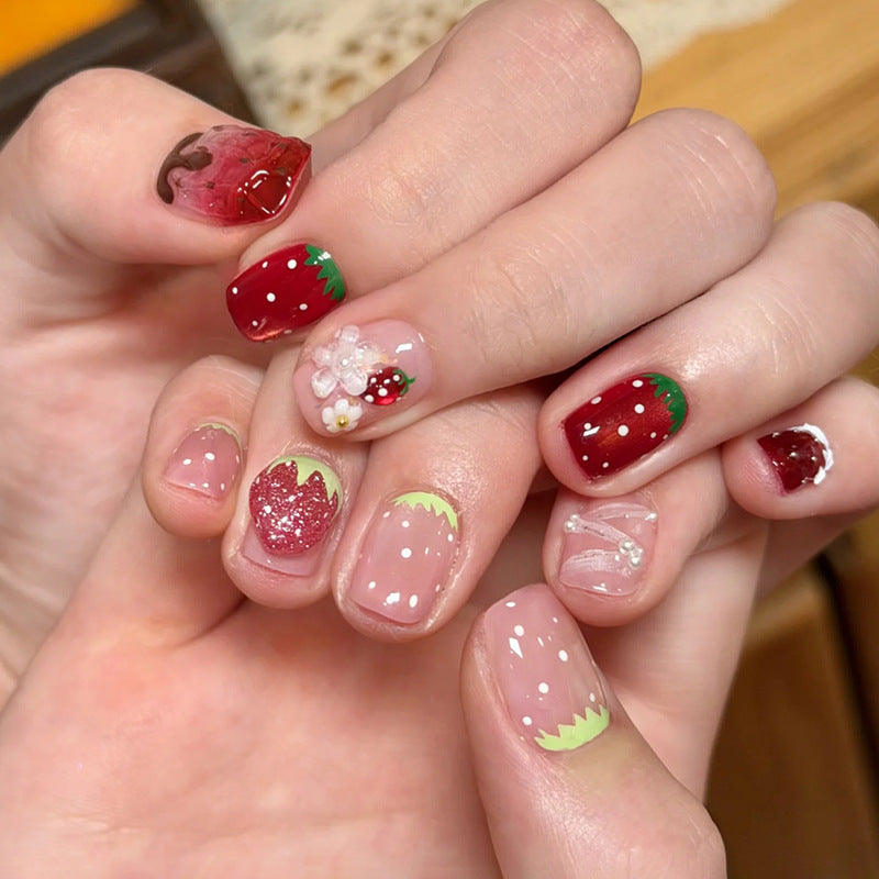 Sweet Strawberry Delight Short Square Glossy Finish Nail Set