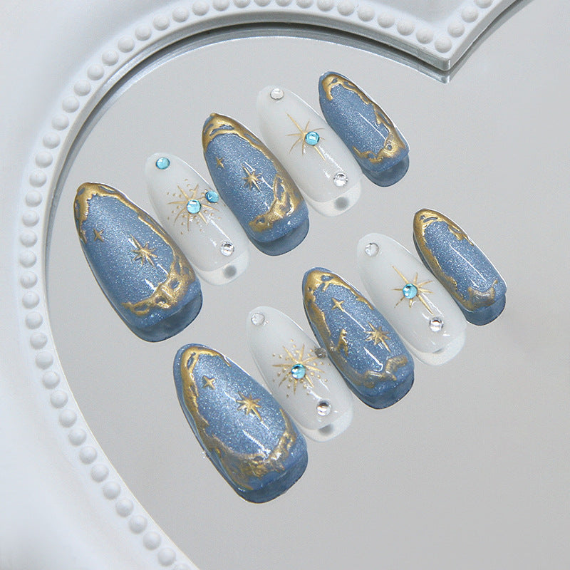 Celestial Dream Medium Almond Glittery Blue and Gold Press On Nail Set