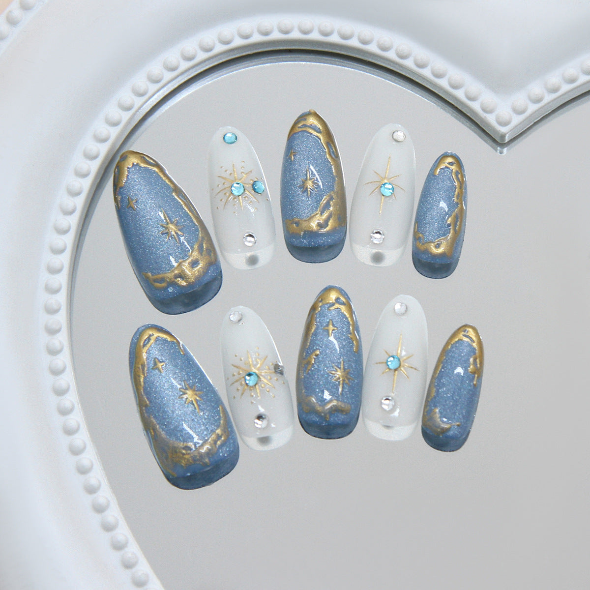 Celestial Dreams Medium Almond Blue with Gold Accent Press on Nail Set